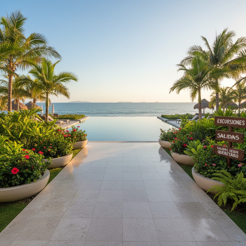 A luxurious beachfront resort entrance captured in photographic realism: a wide pathway of smooth stone tiles leading toward a tranquil infinity pool that visually merges with the deep blue ocean beyond. Lush, well-manicured tropical gardens frame both sides of the path, featuring palms, hibiscus flowers, and polished stone planters. Discreet wooden signs display excursion options and departure details from Querétaro. Late afternoon sunlight creates a warm, inviting glow, with subtle reflections dancing on the water’s surface. Shot from a slightly elevated angle with the path centered, drawing the eye outward to the distant horizon. The atmosphere is sophisticated, professional, and aspirational, ideal for showcasing premium vacation packages.