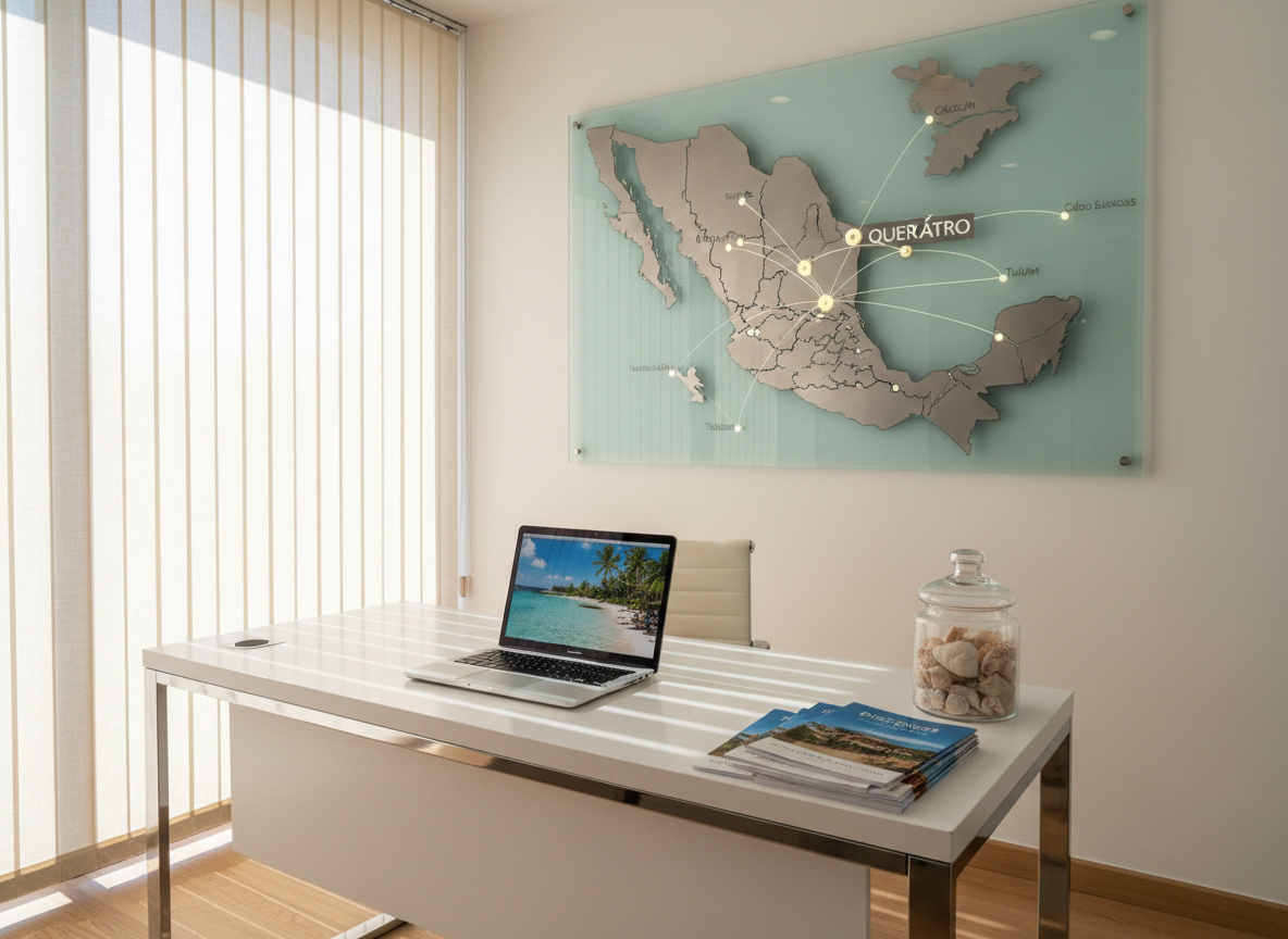 A sleek, modern coaching-style travel office interior in Querétaro, photographed with clean realism. A large wall-mounted map of Mexico dominates the background, with fine threads connecting Querétaro to various beach destinations. In the foreground, a minimalist white desk displays a slim laptop showing a beach resort image, a stack of organized travel brochures, and a small glass jar filled with sand and seashells. Natural daylight streams through a nearby window, softened by translucent blinds, creating a professional yet welcoming ambiance. Captured at eye level with a slight angle to reveal depth, using a balanced composition and subtle depth of field that keeps all key elements in sharp focus, emphasizing trust, order, and expertise in travel planning.
