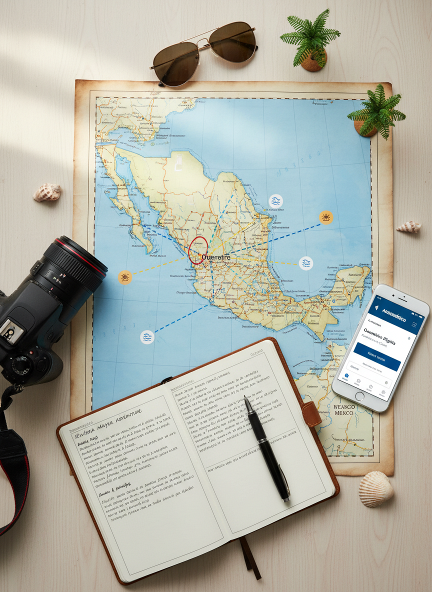A meticulously arranged flat lay on a light wooden table showing a detailed travel planning setup for beach vacations departing from Querétaro. A large, unfolded map of Mexico highlights Querétaro and coastal destinations with neat, colored markings. Around it, there is a modern DSLR camera, a leather-bound travel notebook with handwritten itineraries, a smartphone displaying a clean booking interface, and small seashells and a miniature palm tree for a coastal touch. Soft, diffused daylight from the side creates minimal shadows and a calm, organized atmosphere. Captured from a true overhead bird’s-eye view with crisp detail and a clean, professional photographic style, conveying trust, precision, and excitement for trip planning.